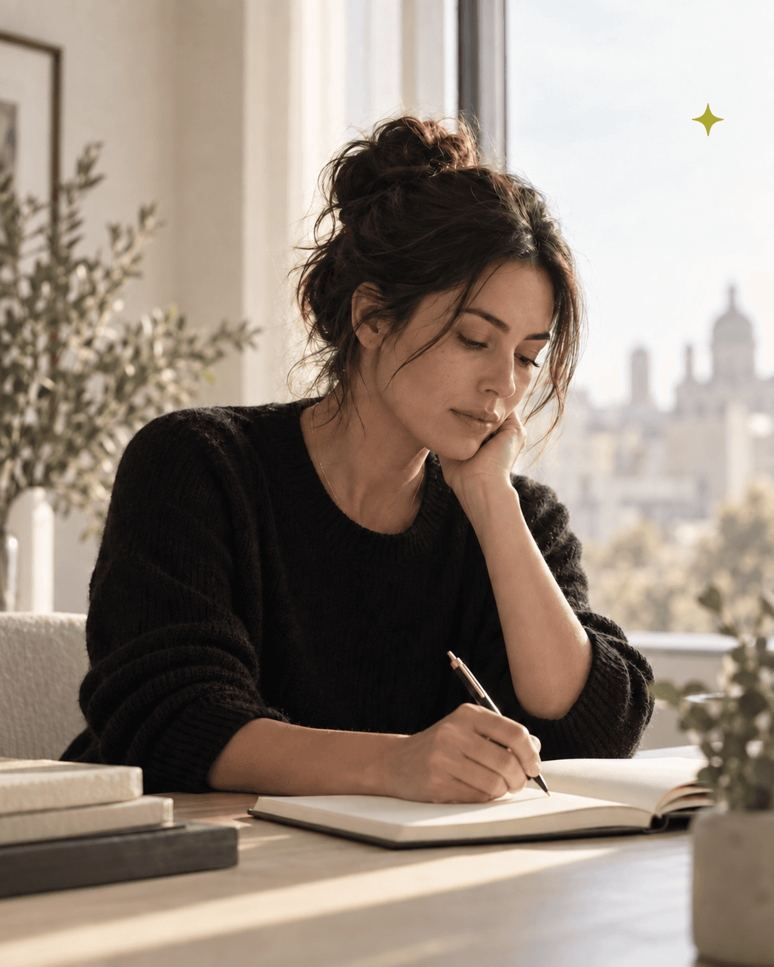 A woman writing in a notebook by a window